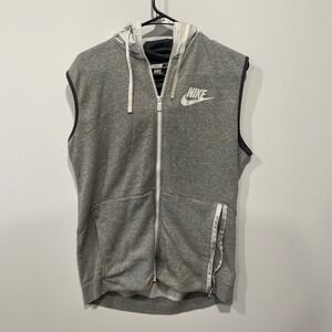 Nike Mens Medium Sleeveless Full Zip Hoodie Vest Gray White Swoosh Logo Athletic